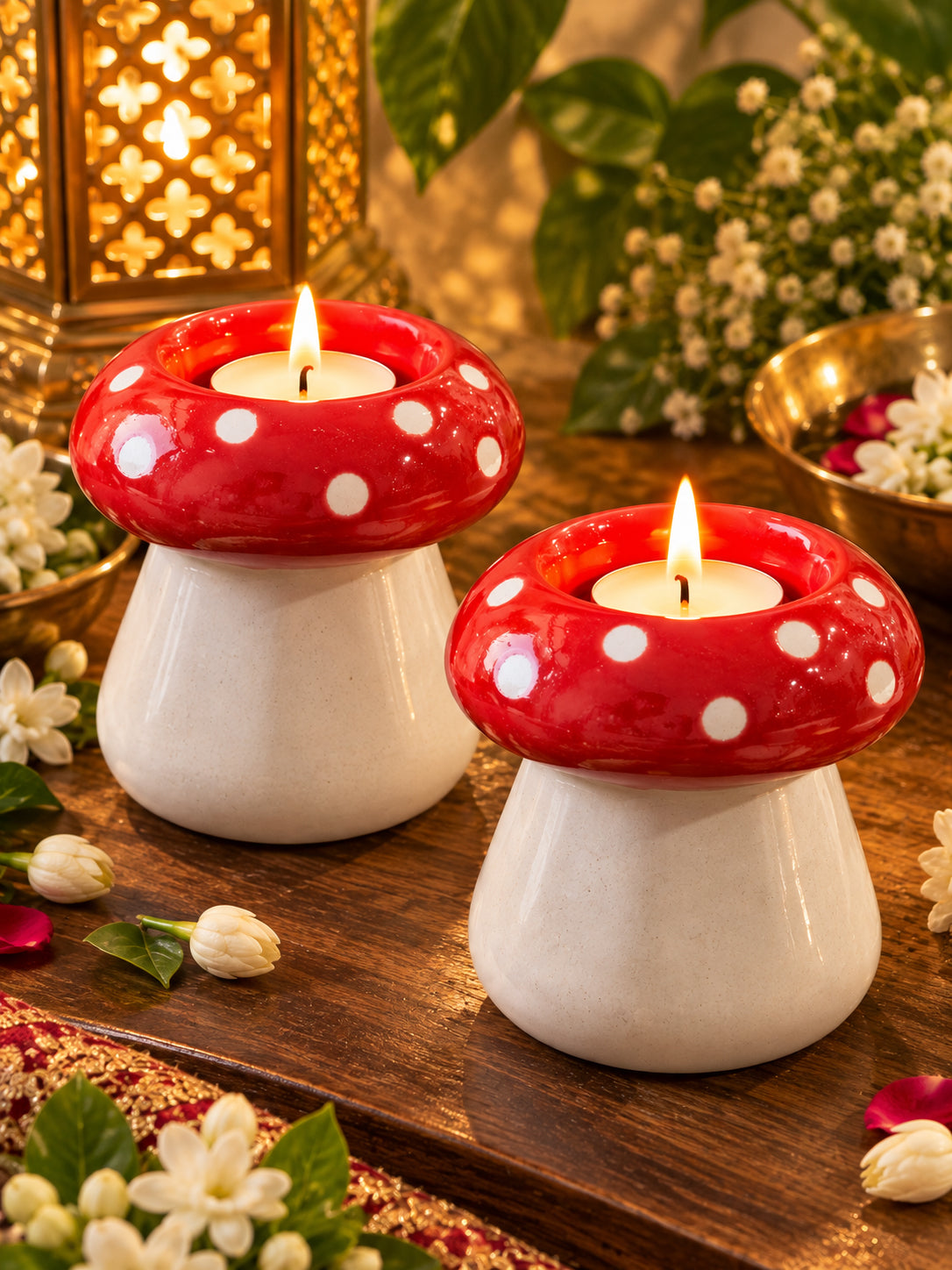 Mushroom Glow Red Tealight Holder – Set of 2