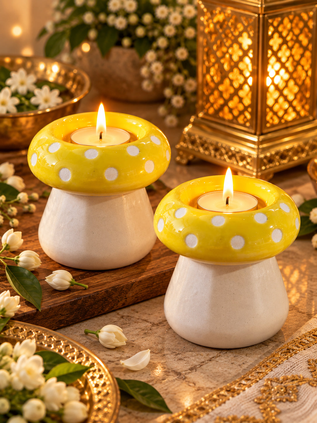 Mushroom Glow Yellow Tealight Holder – Set of 2