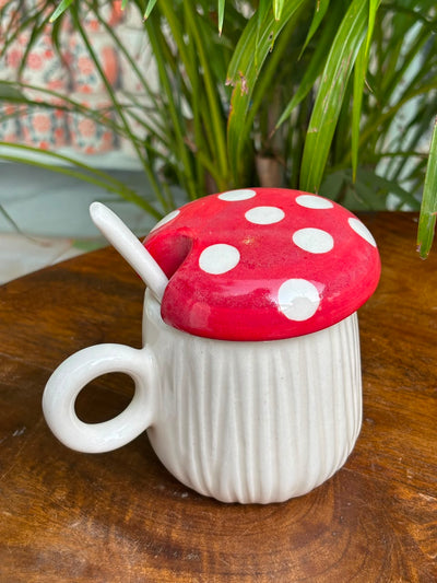 Polka Mushroom Mug with Lid and Spoon