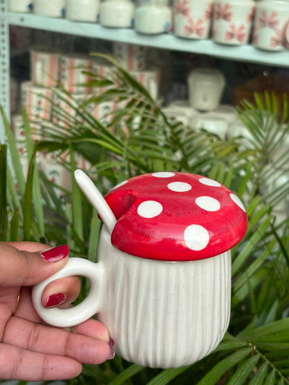 Polka Mushroom Mug with Lid and Spoon