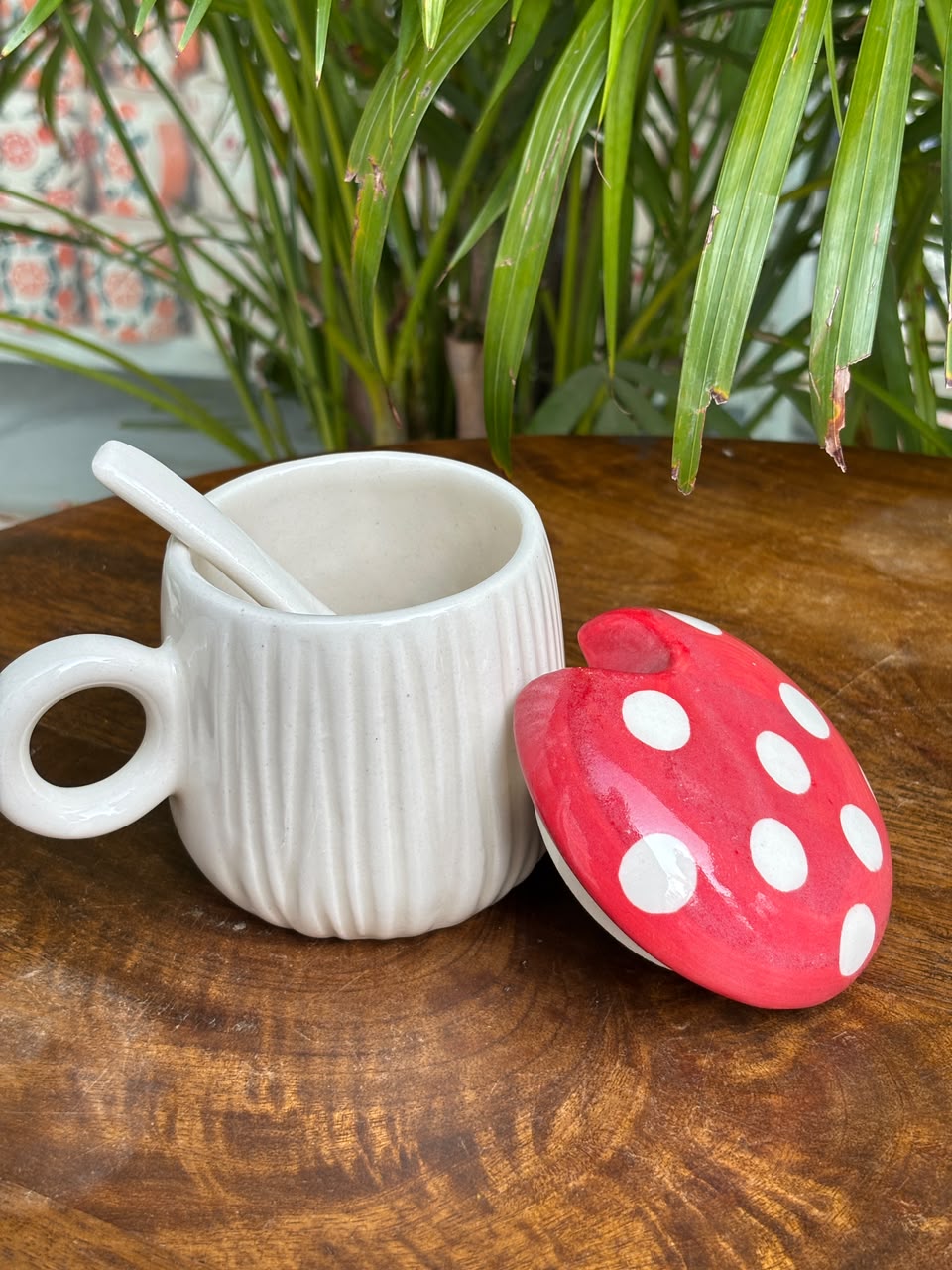 Polka Mushroom Mug with Lid and Spoon