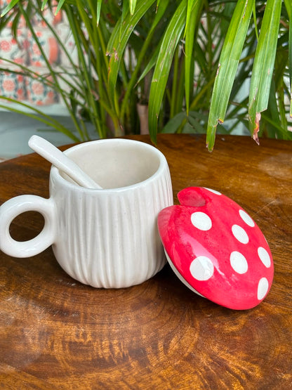 Polka Mushroom Mug with Lid and Spoon