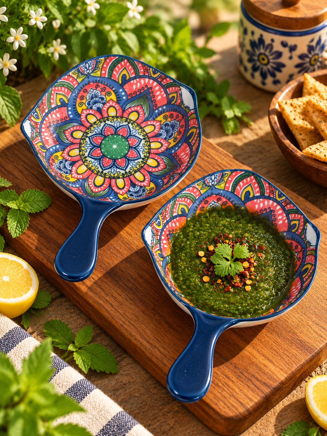 Royal Blue Mandala Dip Bowls with Handle (Set of 2)