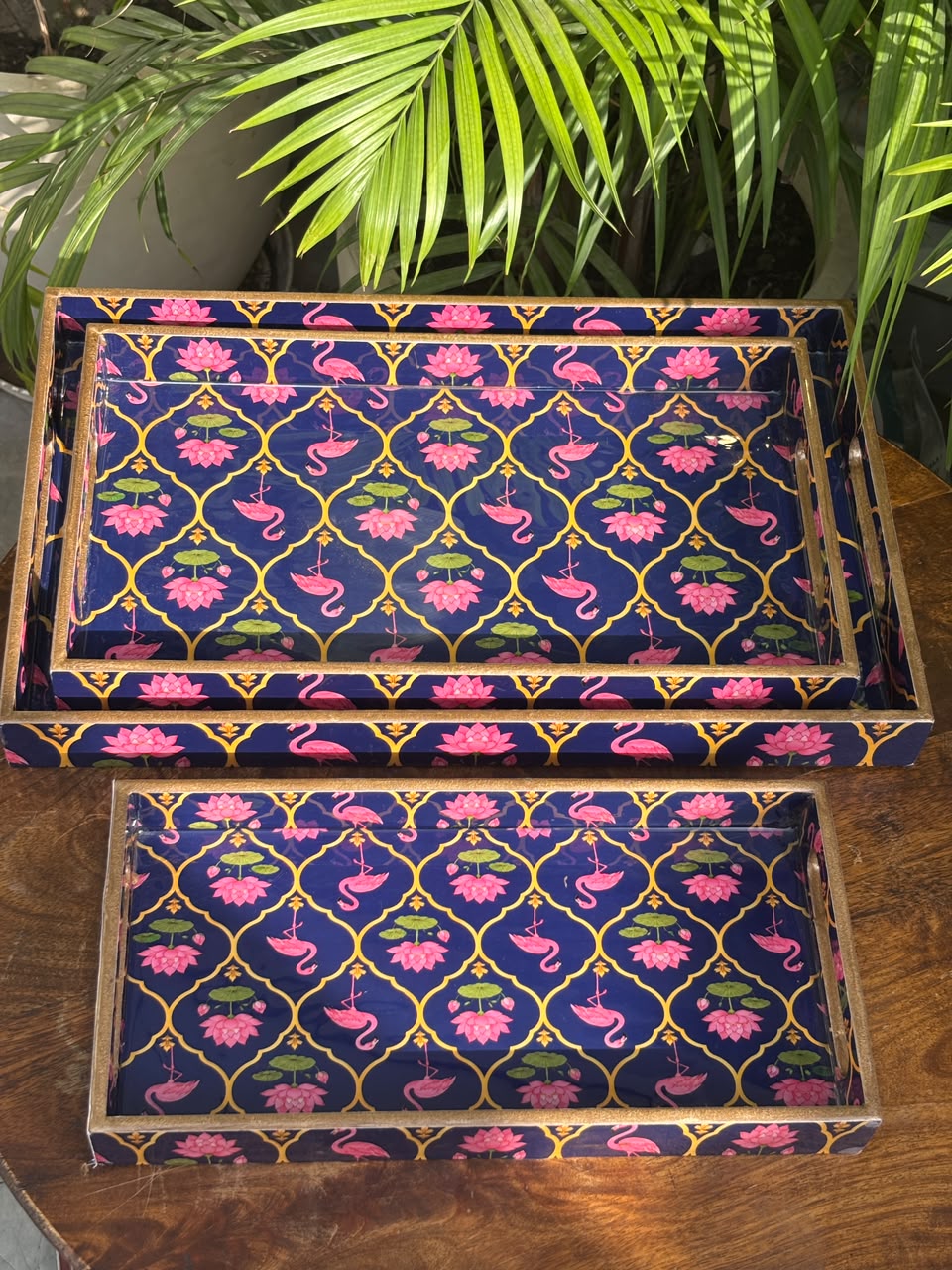 Royal Flamingo Wooden Tray Set (Set of 3)
