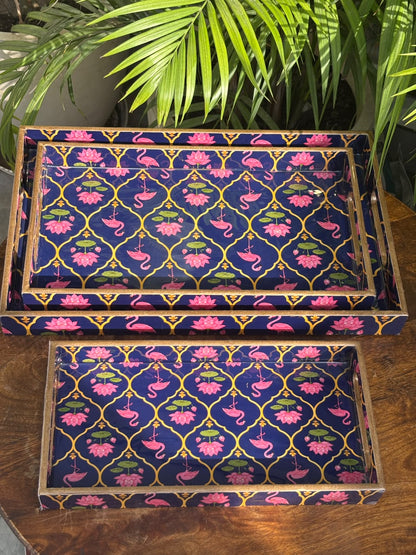 Royal Flamingo Wooden Tray Set (Set of 3)