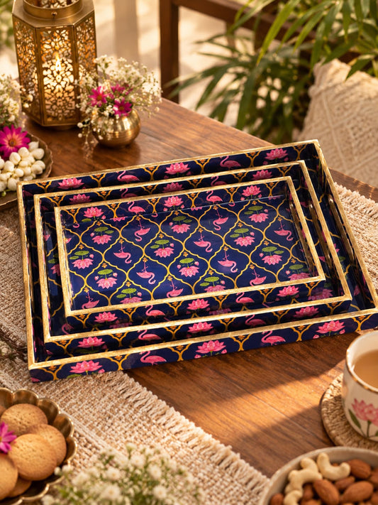 Royal Flamingo Wooden Tray Set (Set of 3)