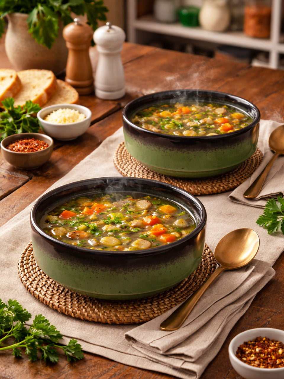 Rustic Green Comfort Snack/Soup Bowls Set (Set of 2)