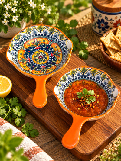 Sunset Orange Mandala Dip Bowls with Handle (Set of 2)