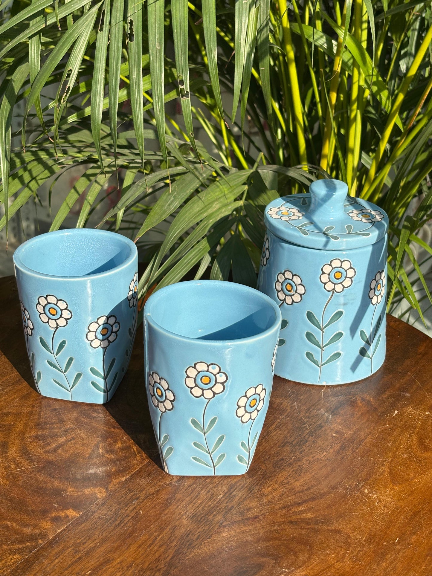 Bloom Blue Glasses & Jar Combo Set (Set of 3)