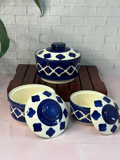 Blue Moroccan Design Serving Bowl Set with Lid (Set of 3)