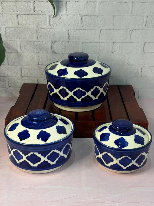 Blue Moroccan Design Serving Bowl Set with Lid (Set of 3)